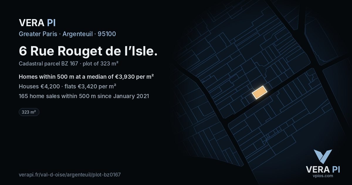 6 Rue Rouget de l’Isle, Argenteuil at night – the plot lit, the parcels around coloured by the prices near them