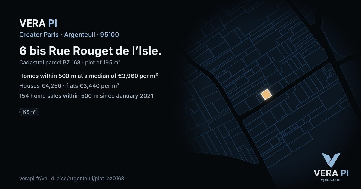 6 bis Rue Rouget de l’Isle, Argenteuil at night – the plot lit, the parcels around coloured by the prices near them