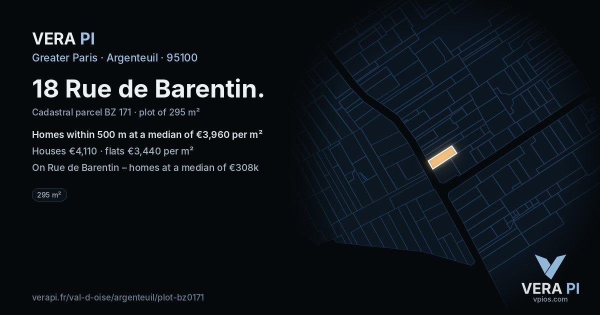 18 Rue de Barentin, Argenteuil at night – the plot lit, the parcels around coloured by the prices near them