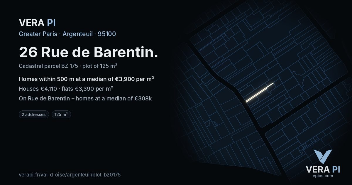 26 Rue de Barentin, Argenteuil at night – the plot lit, the parcels around coloured by the prices near them