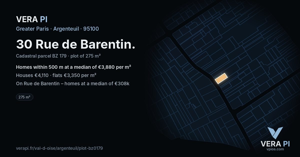 30 Rue de Barentin, Argenteuil at night – the plot lit, the parcels around coloured by the prices near them