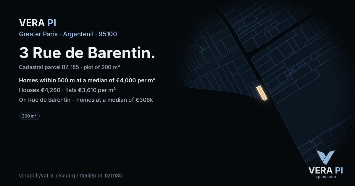 3 Rue de Barentin, Argenteuil at night – the plot lit, the parcels around coloured by the prices near them