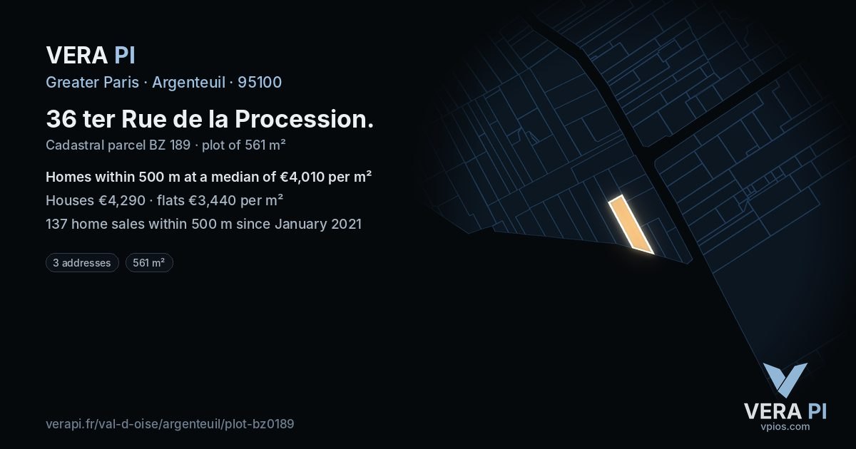 36 ter Rue de la Procession, Argenteuil at night – the plot lit, the parcels around coloured by the prices near them