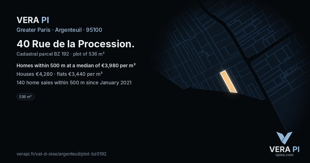 40 Rue de la Procession, Argenteuil at night – the plot lit, the parcels around coloured by the prices near them