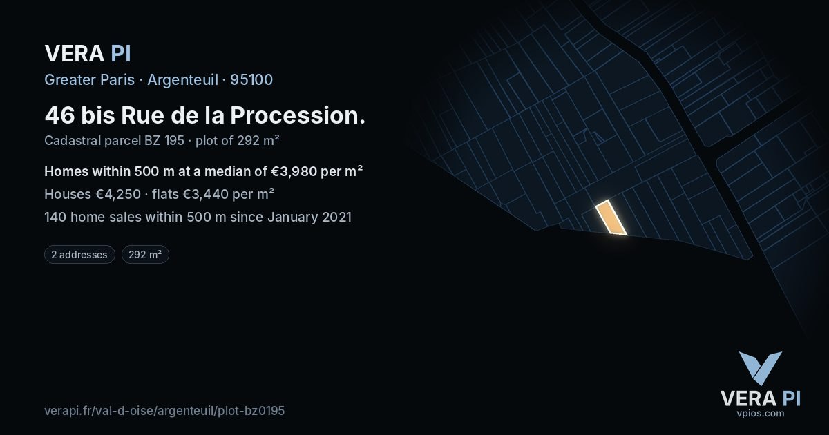 46 bis Rue de la Procession, Argenteuil at night – the plot lit, the parcels around coloured by the prices near them