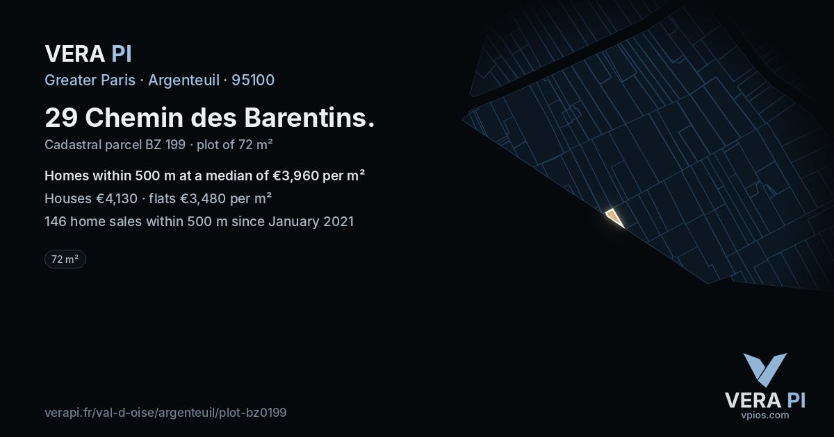 29 Chemin des Barentins, Argenteuil at night – the plot lit, the parcels around coloured by the prices near them