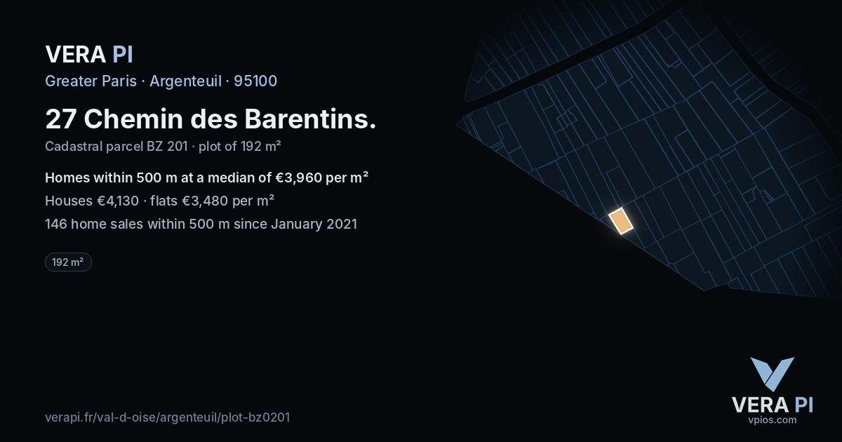 27 Chemin des Barentins, Argenteuil at night – the plot lit, the parcels around coloured by the prices near them