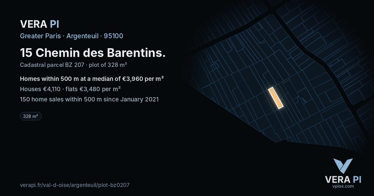 15 Chemin des Barentins, Argenteuil at night – the plot lit, the parcels around coloured by the prices near them