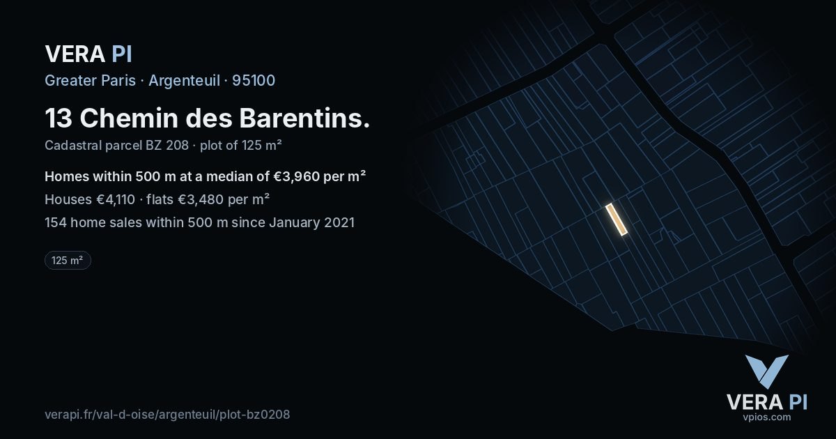 13 Chemin des Barentins, Argenteuil at night – the plot lit, the parcels around coloured by the prices near them