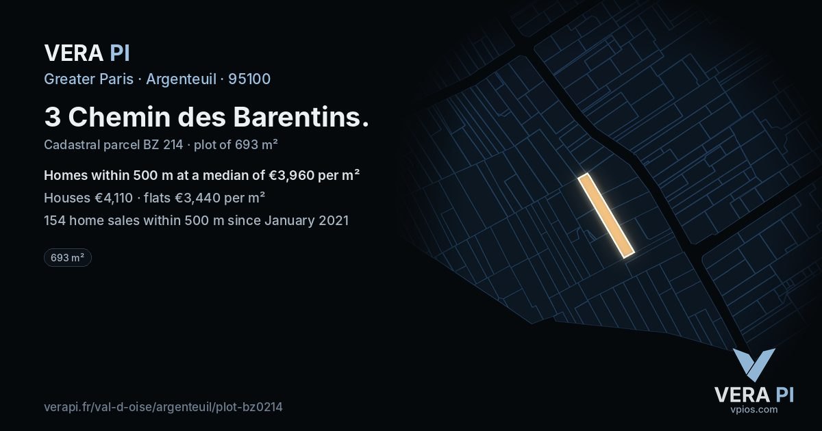 3 Chemin des Barentins, Argenteuil at night – the plot lit, the parcels around coloured by the prices near them