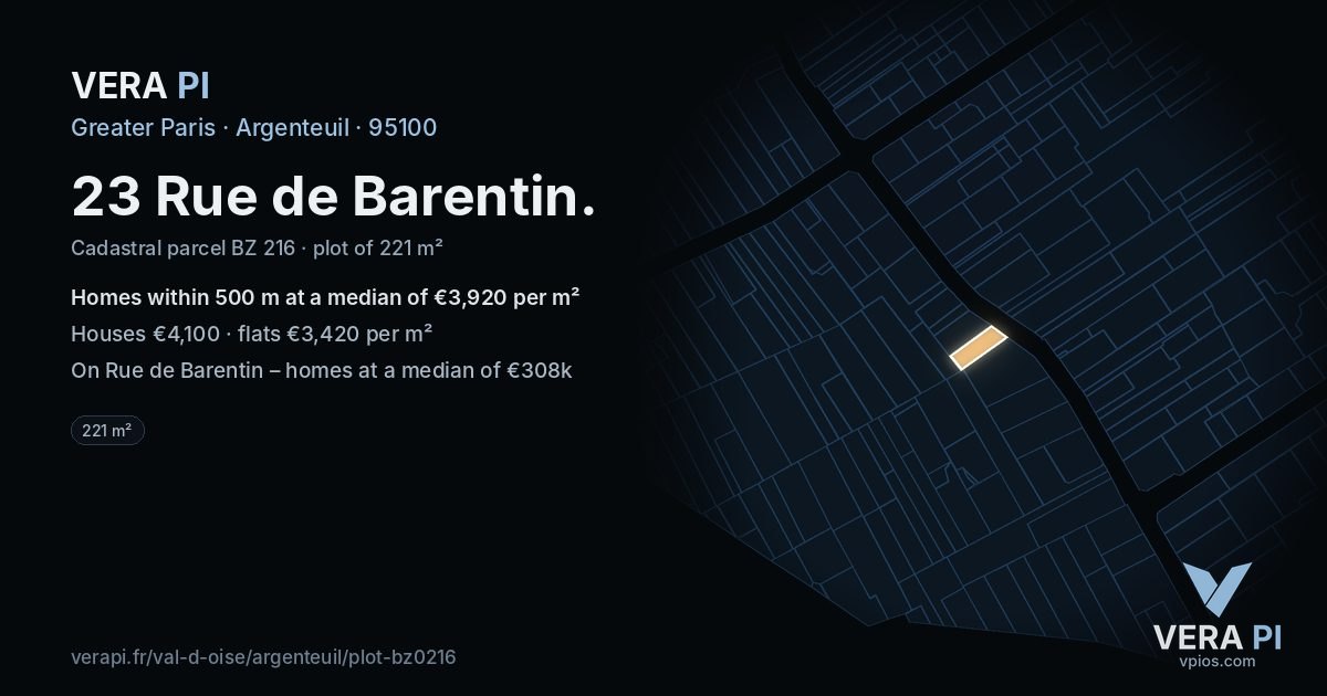 23 Rue de Barentin, Argenteuil at night – the plot lit, the parcels around coloured by the prices near them