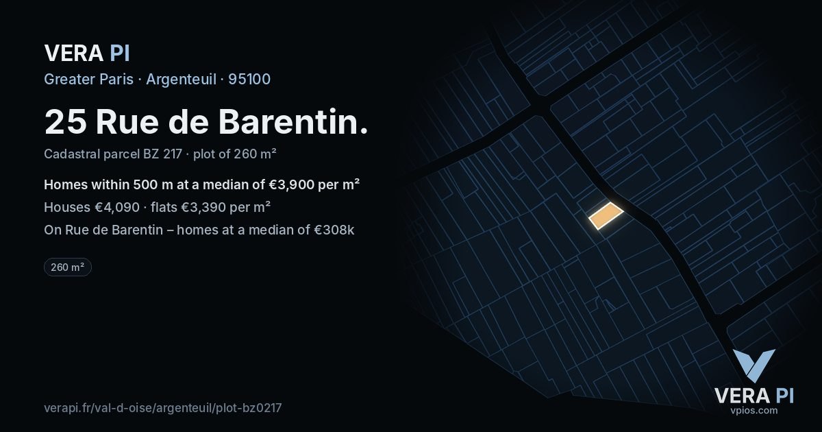 25 Rue de Barentin, Argenteuil at night – the plot lit, the parcels around coloured by the prices near them