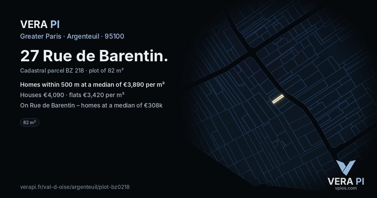 27 Rue de Barentin, Argenteuil at night – the plot lit, the parcels around coloured by the prices near them