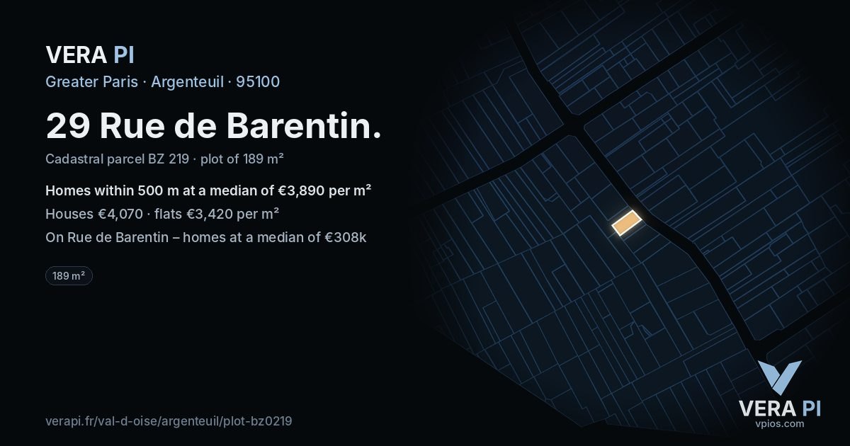 29 Rue de Barentin, Argenteuil at night – the plot lit, the parcels around coloured by the prices near them