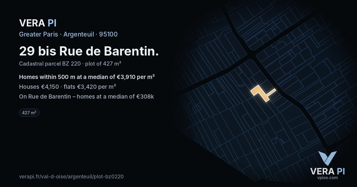 29 bis Rue de Barentin, Argenteuil at night – the plot lit, the parcels around coloured by the prices near them