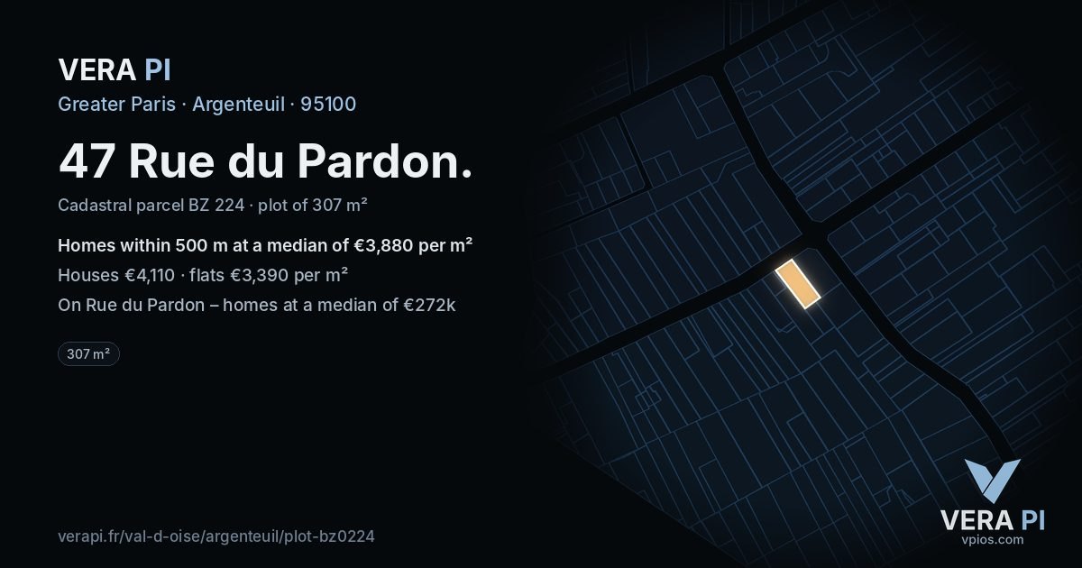 47 Rue du Pardon, Argenteuil at night – the plot lit, the parcels around coloured by the prices near them