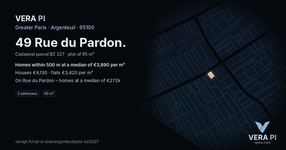 49 Rue du Pardon, Argenteuil at night – the plot lit, the parcels around coloured by the prices near them