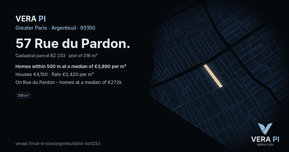 57 Rue du Pardon, Argenteuil at night – the plot lit, the parcels around coloured by the prices near them