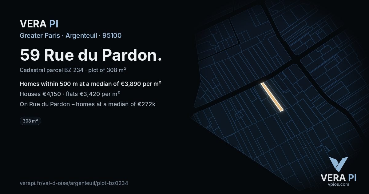 59 Rue du Pardon, Argenteuil at night – the plot lit, the parcels around coloured by the prices near them