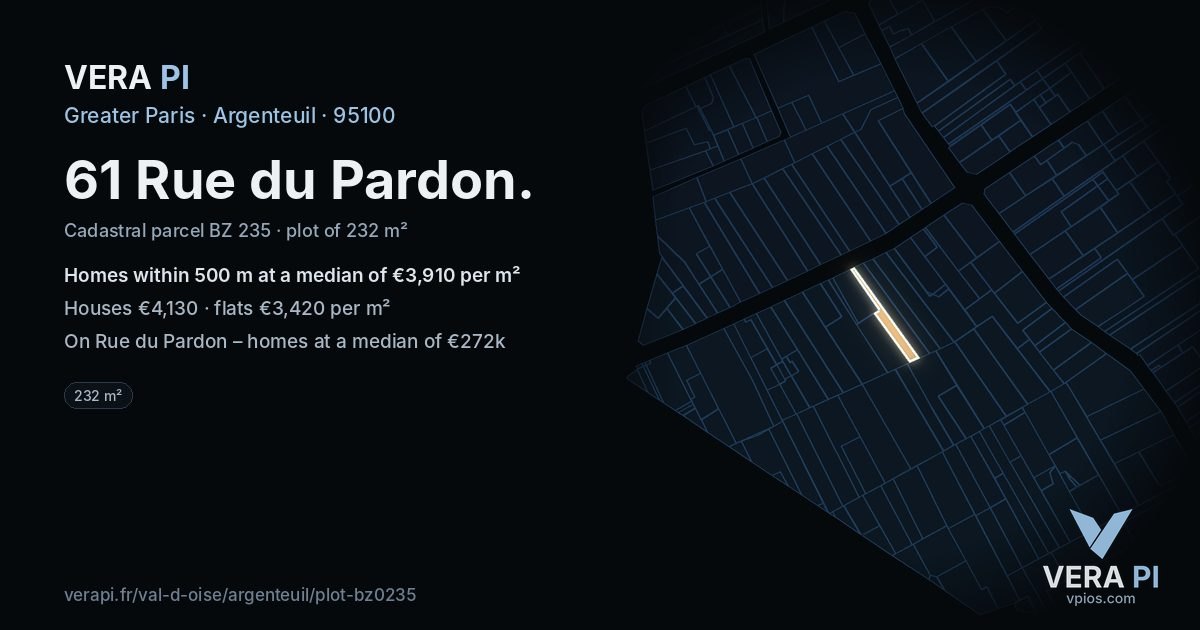 61 Rue du Pardon, Argenteuil at night – the plot lit, the parcels around coloured by the prices near them