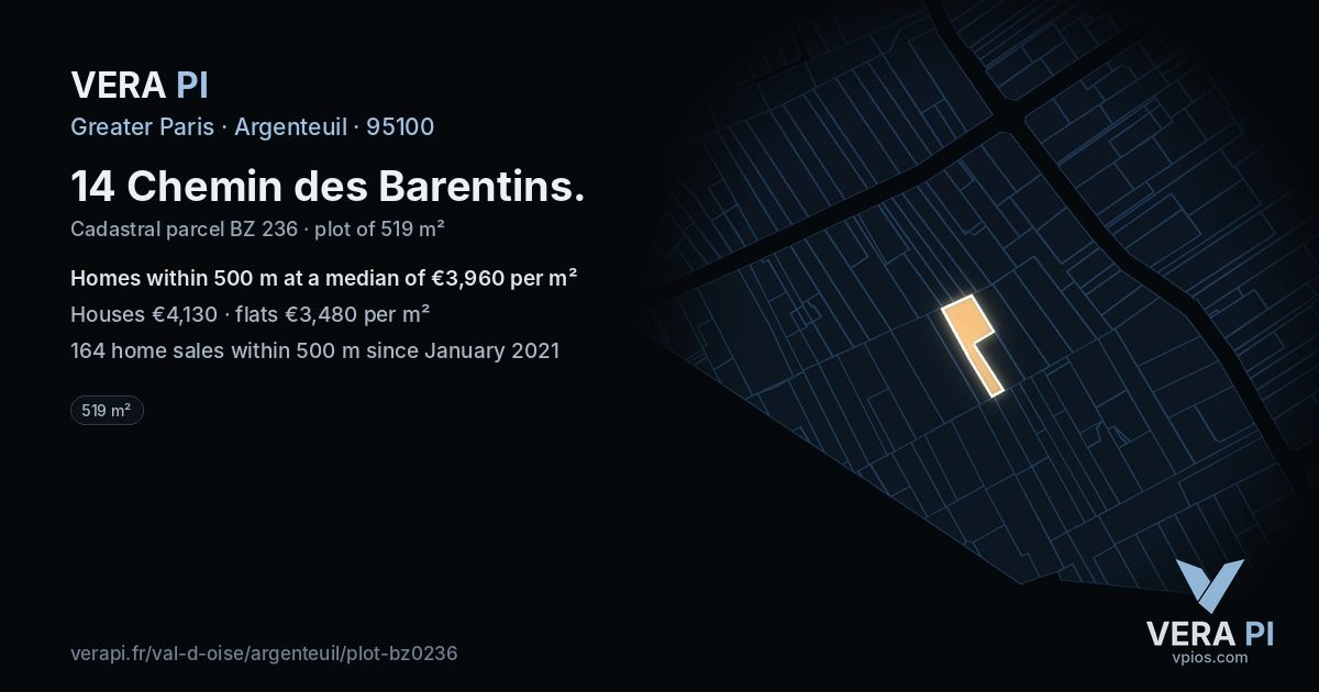 14 Chemin des Barentins, Argenteuil at night – the plot lit, the parcels around coloured by the prices near them