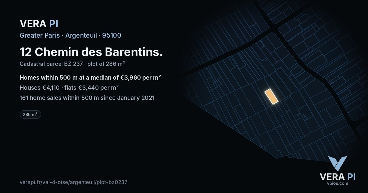 12 Chemin des Barentins, Argenteuil at night – the plot lit, the parcels around coloured by the prices near them