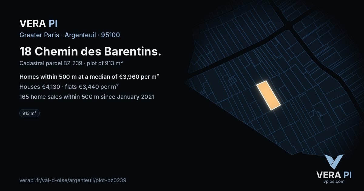 18 Chemin des Barentins, Argenteuil at night – the plot lit, the parcels around coloured by the prices near them
