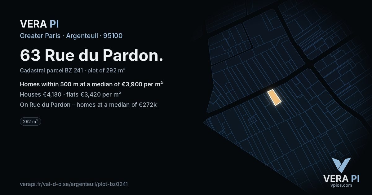 63 Rue du Pardon, Argenteuil at night – the plot lit, the parcels around coloured by the prices near them