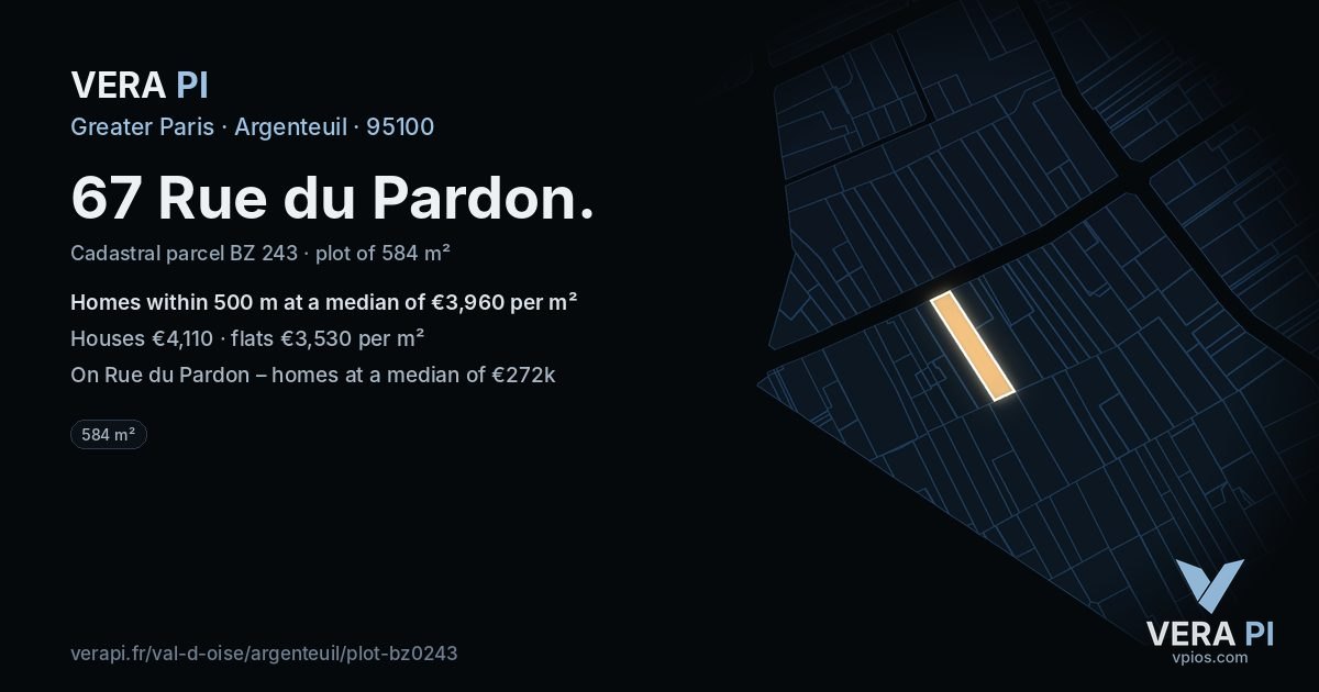 67 Rue du Pardon, Argenteuil at night – the plot lit, the parcels around coloured by the prices near them