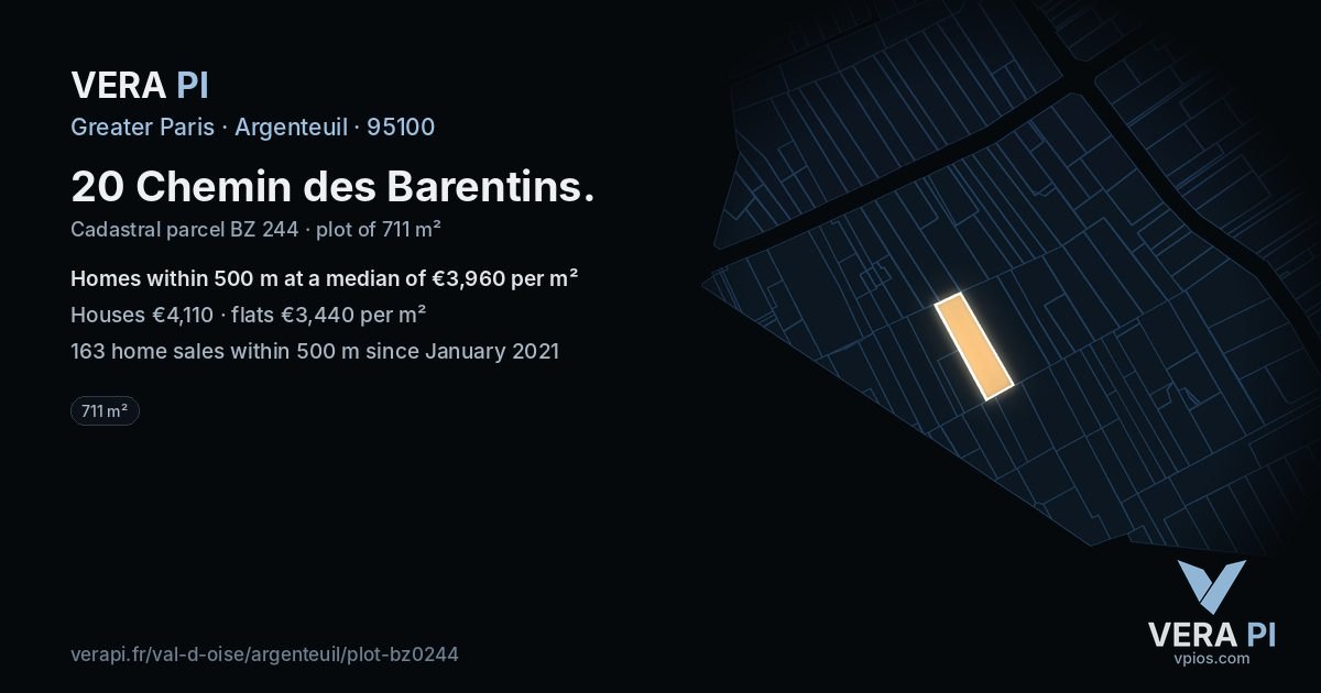 20 Chemin des Barentins, Argenteuil at night – the plot lit, the parcels around coloured by the prices near them