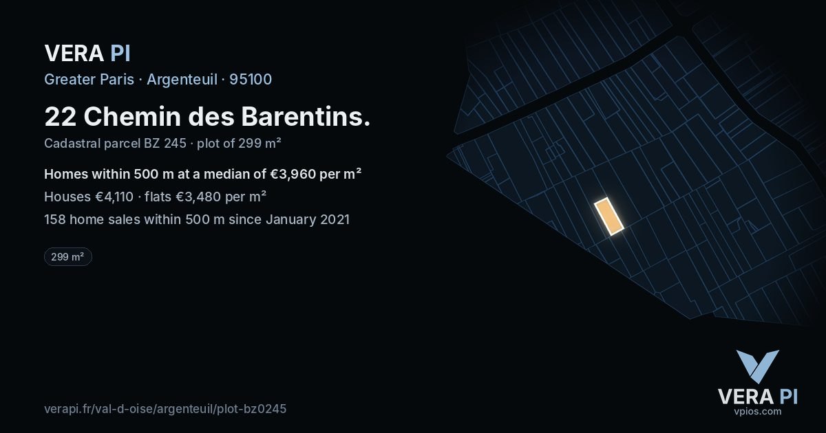 22 Chemin des Barentins, Argenteuil at night – the plot lit, the parcels around coloured by the prices near them