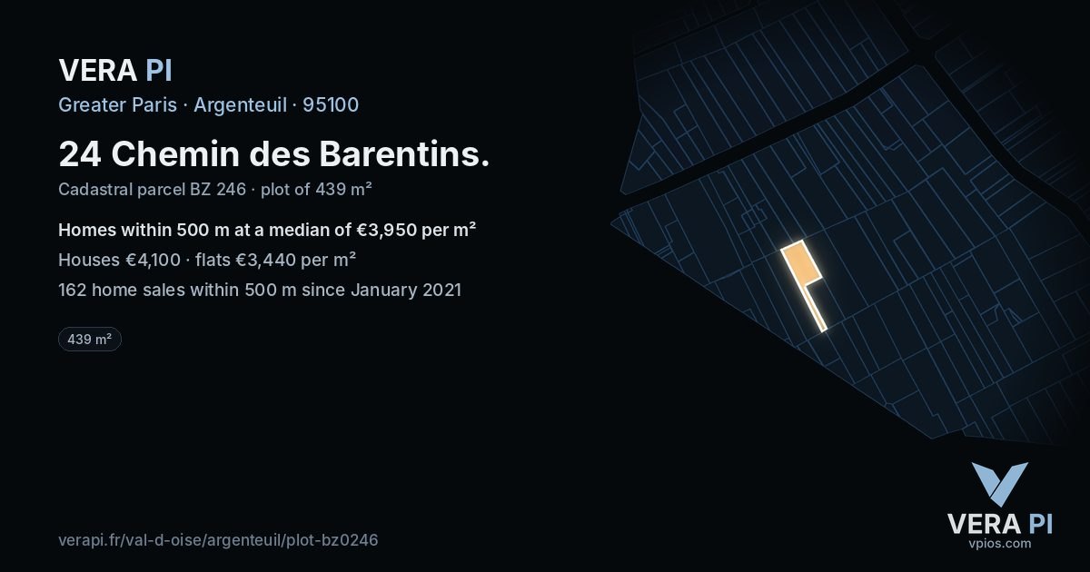 24 Chemin des Barentins, Argenteuil at night – the plot lit, the parcels around coloured by the prices near them