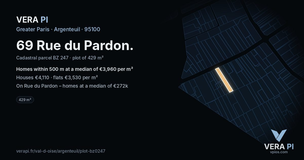 69 Rue du Pardon, Argenteuil at night – the plot lit, the parcels around coloured by the prices near them