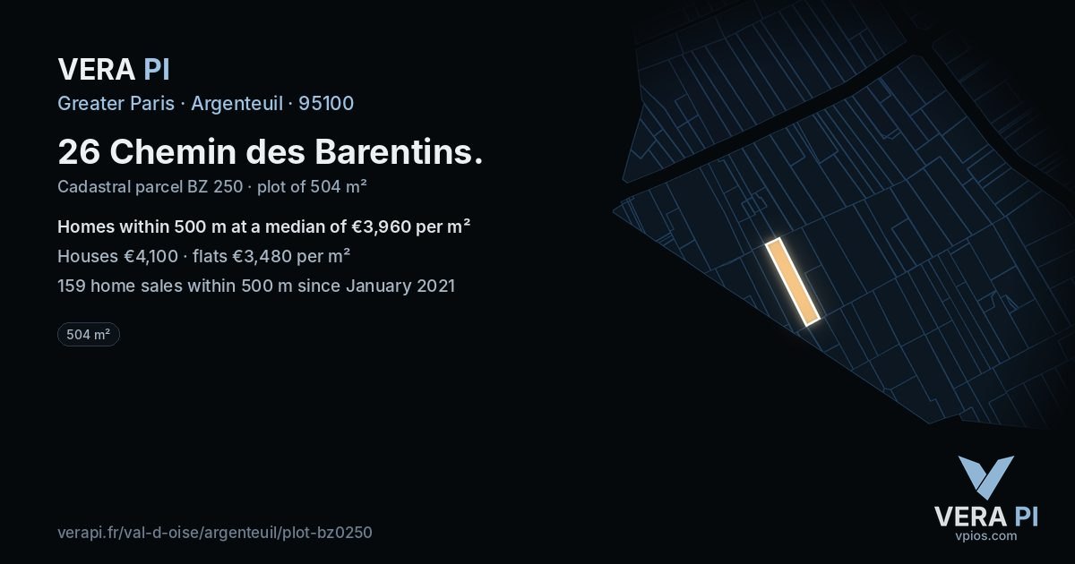 26 Chemin des Barentins, Argenteuil at night – the plot lit, the parcels around coloured by the prices near them