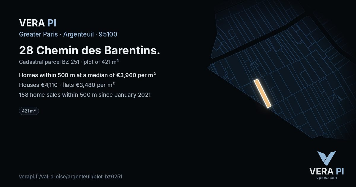 28 Chemin des Barentins, Argenteuil at night – the plot lit, the parcels around coloured by the prices near them