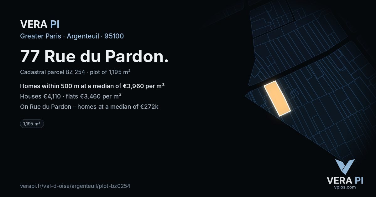 77 Rue du Pardon, Argenteuil at night – the plot lit, the parcels around coloured by the prices near them