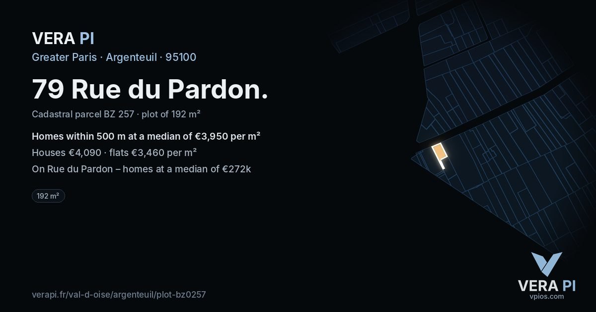 79 Rue du Pardon, Argenteuil at night – the plot lit, the parcels around coloured by the prices near them