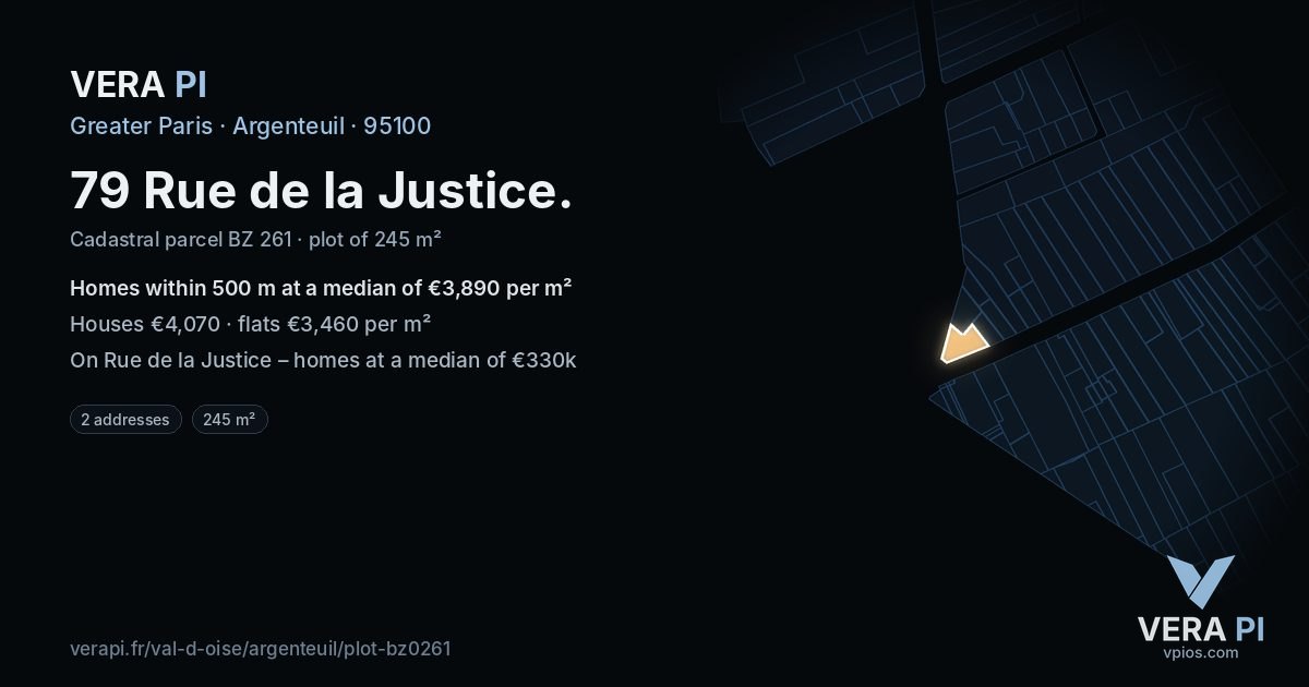 79 Rue de la Justice, Argenteuil at night – the plot lit, the parcels around coloured by the prices near them