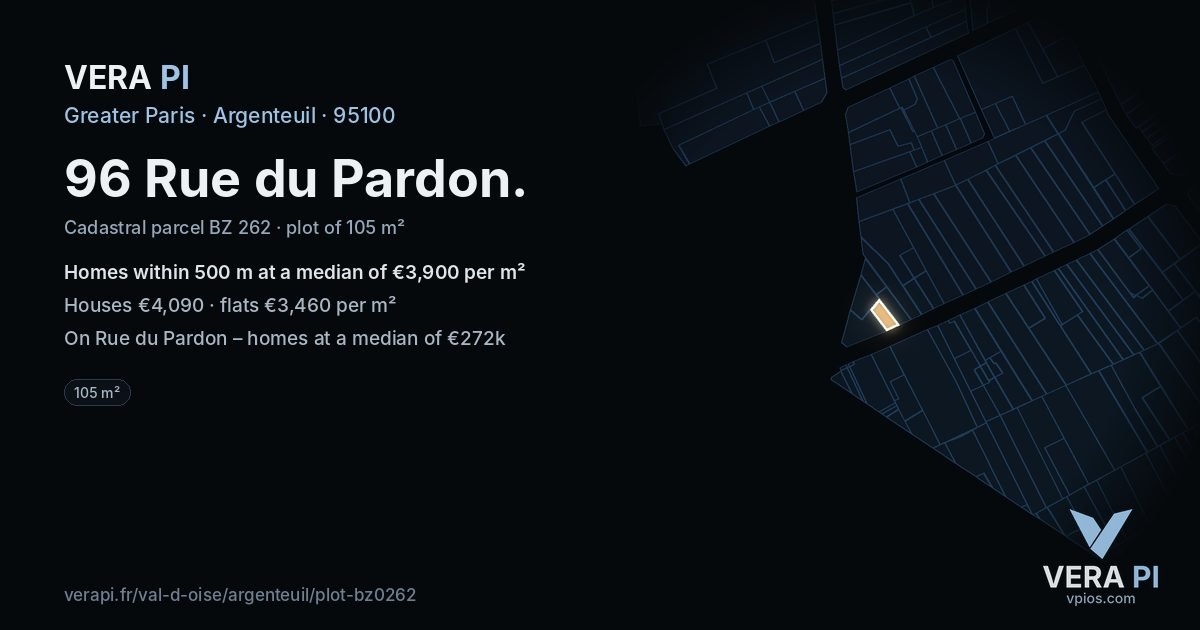 96 Rue du Pardon, Argenteuil at night – the plot lit, the parcels around coloured by the prices near them