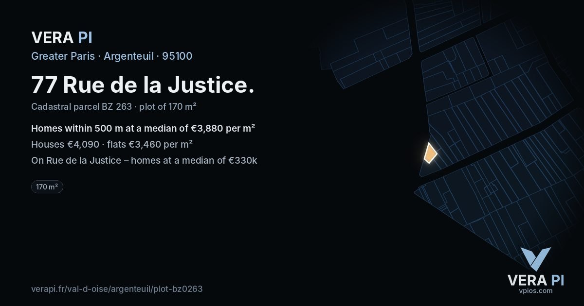 77 Rue de la Justice, Argenteuil at night – the plot lit, the parcels around coloured by the prices near them