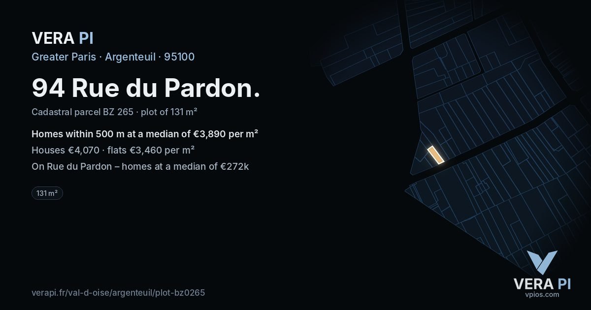 94 Rue du Pardon, Argenteuil at night – the plot lit, the parcels around coloured by the prices near them