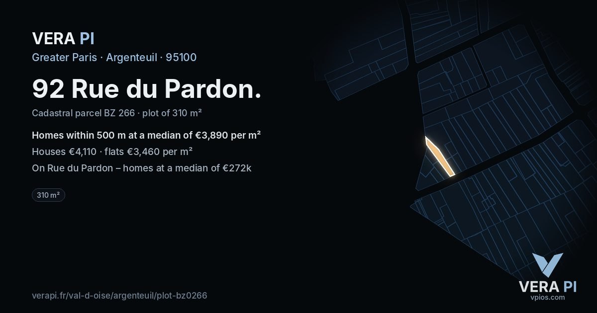 92 Rue du Pardon, Argenteuil at night – the plot lit, the parcels around coloured by the prices near them