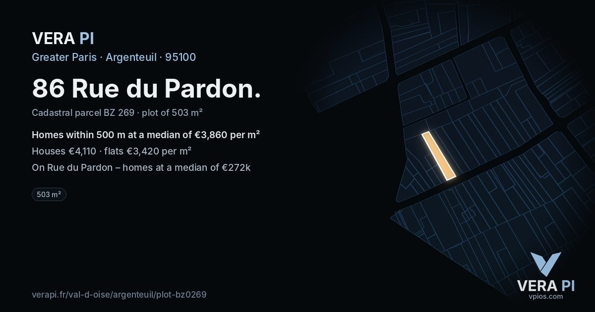 86 Rue du Pardon, Argenteuil at night – the plot lit, the parcels around coloured by the prices near them