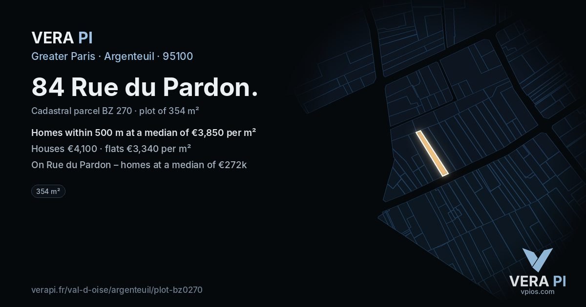 84 Rue du Pardon, Argenteuil at night – the plot lit, the parcels around coloured by the prices near them