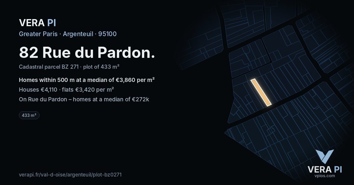 82 Rue du Pardon, Argenteuil at night – the plot lit, the parcels around coloured by the prices near them