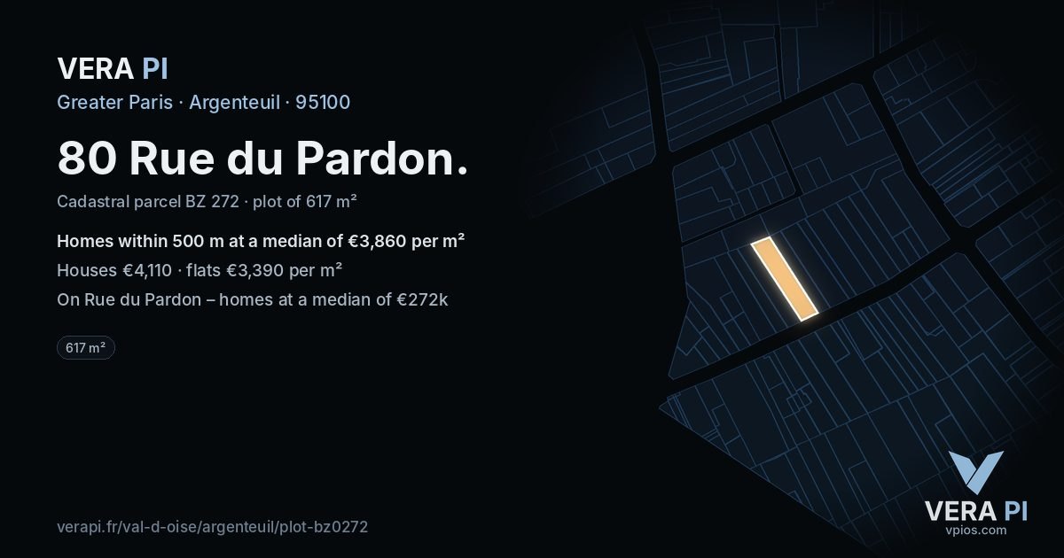 80 Rue du Pardon, Argenteuil at night – the plot lit, the parcels around coloured by the prices near them