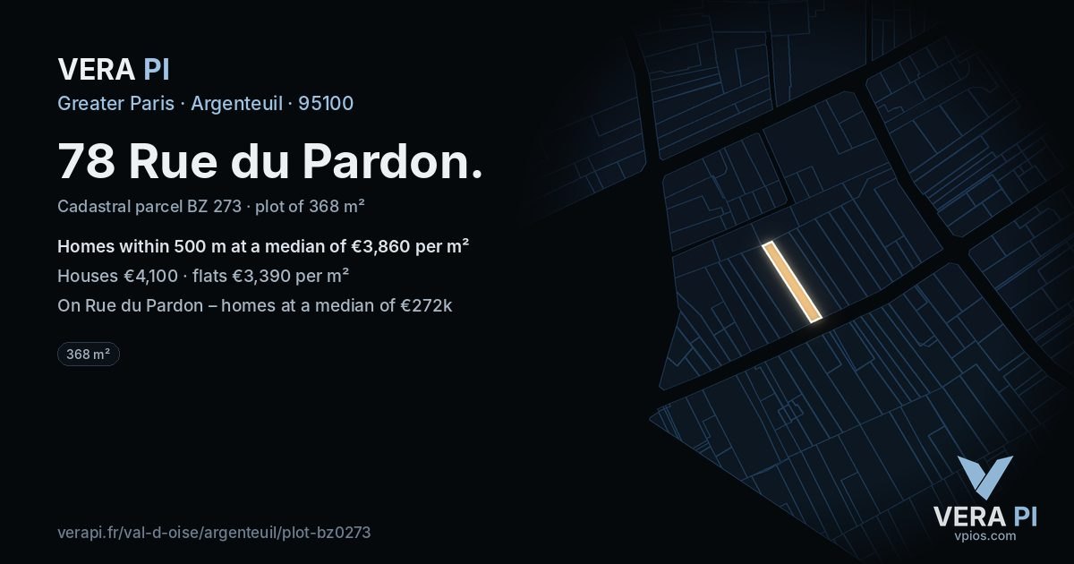 78 Rue du Pardon, Argenteuil at night – the plot lit, the parcels around coloured by the prices near them