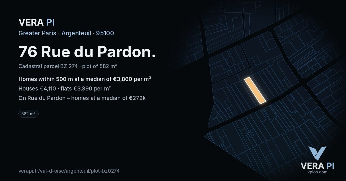 76 Rue du Pardon, Argenteuil at night – the plot lit, the parcels around coloured by the prices near them