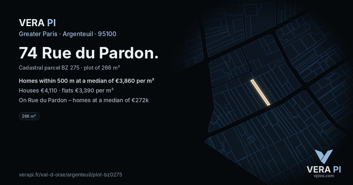 74 Rue du Pardon, Argenteuil at night – the plot lit, the parcels around coloured by the prices near them
