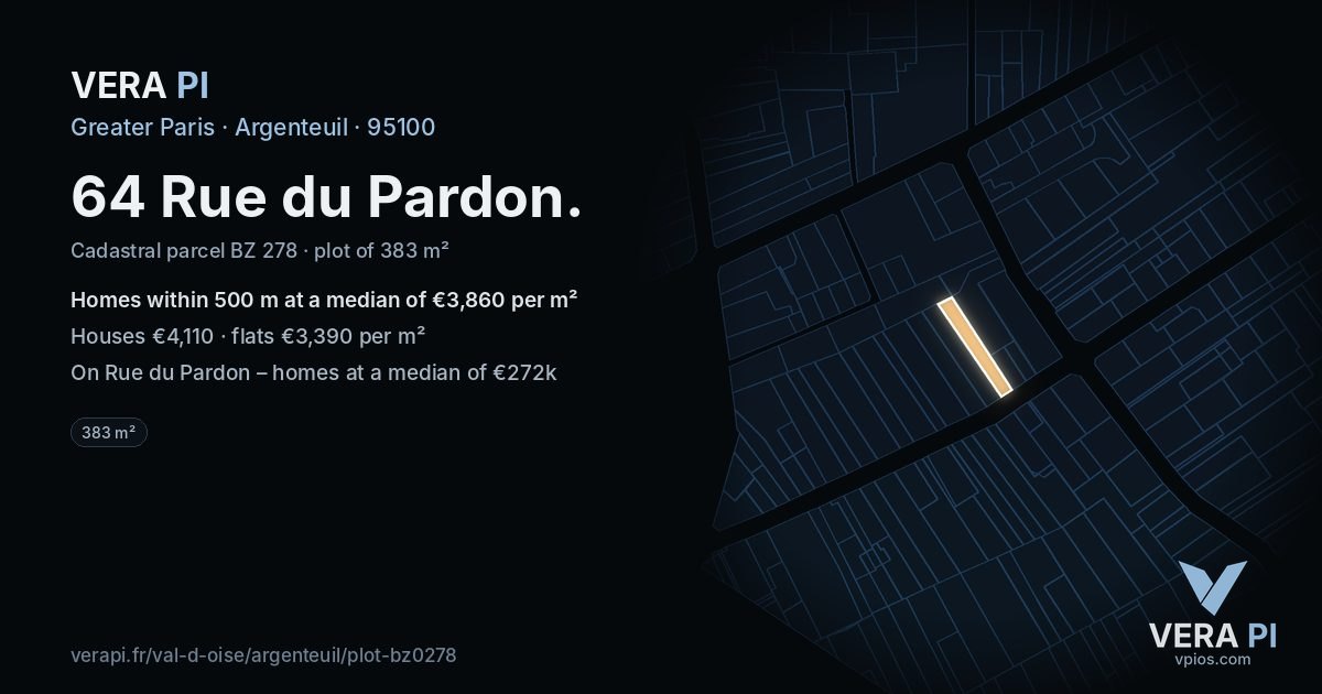 64 Rue du Pardon, Argenteuil at night – the plot lit, the parcels around coloured by the prices near them